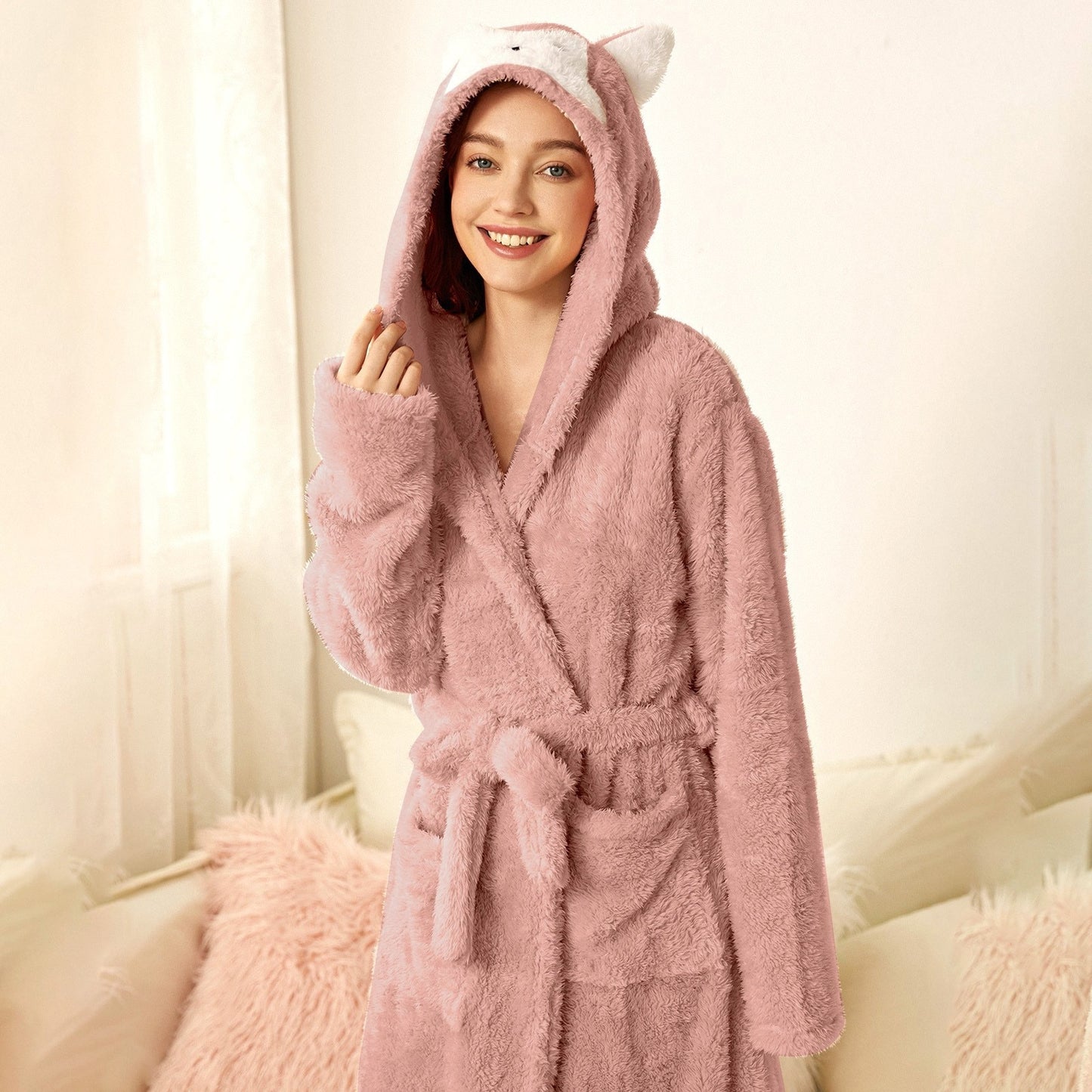 Cute Rabbit Ear Hooded Women Bathrobe