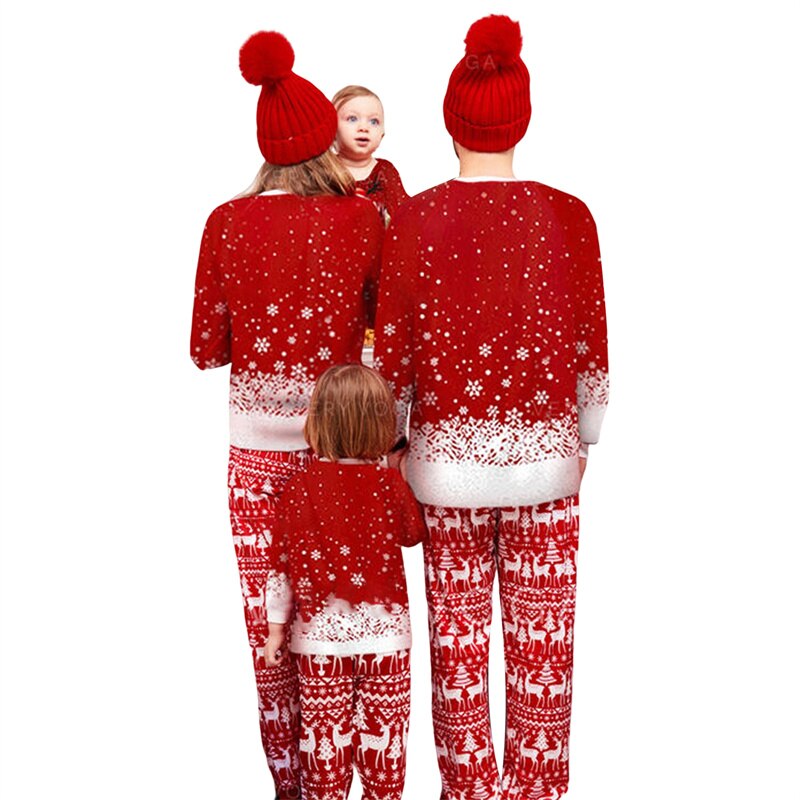 Family Matching  Christmas Pajamas, Long Sleeve Deer Snowflake Print Pullover + Pants Set