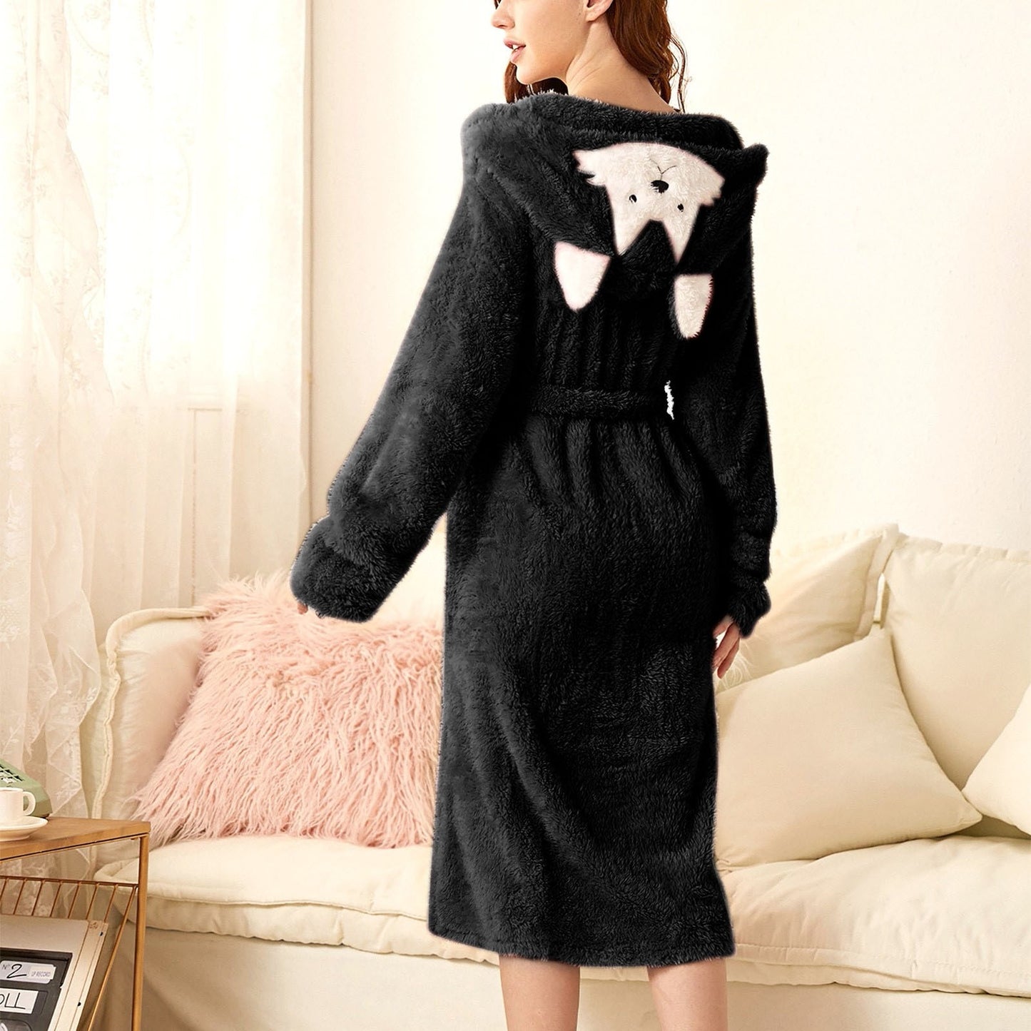 Cute Rabbit Ear Hooded Women Bathrobe