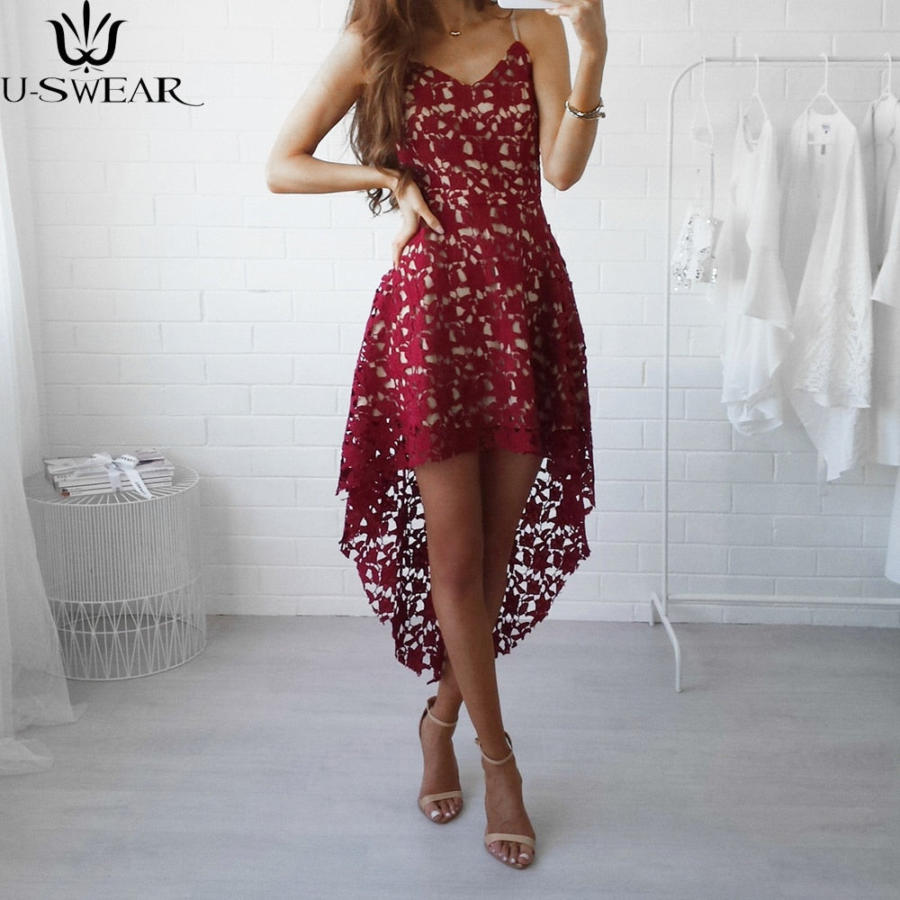 Women Sexy Flower Hollow Lace Dress V-neck