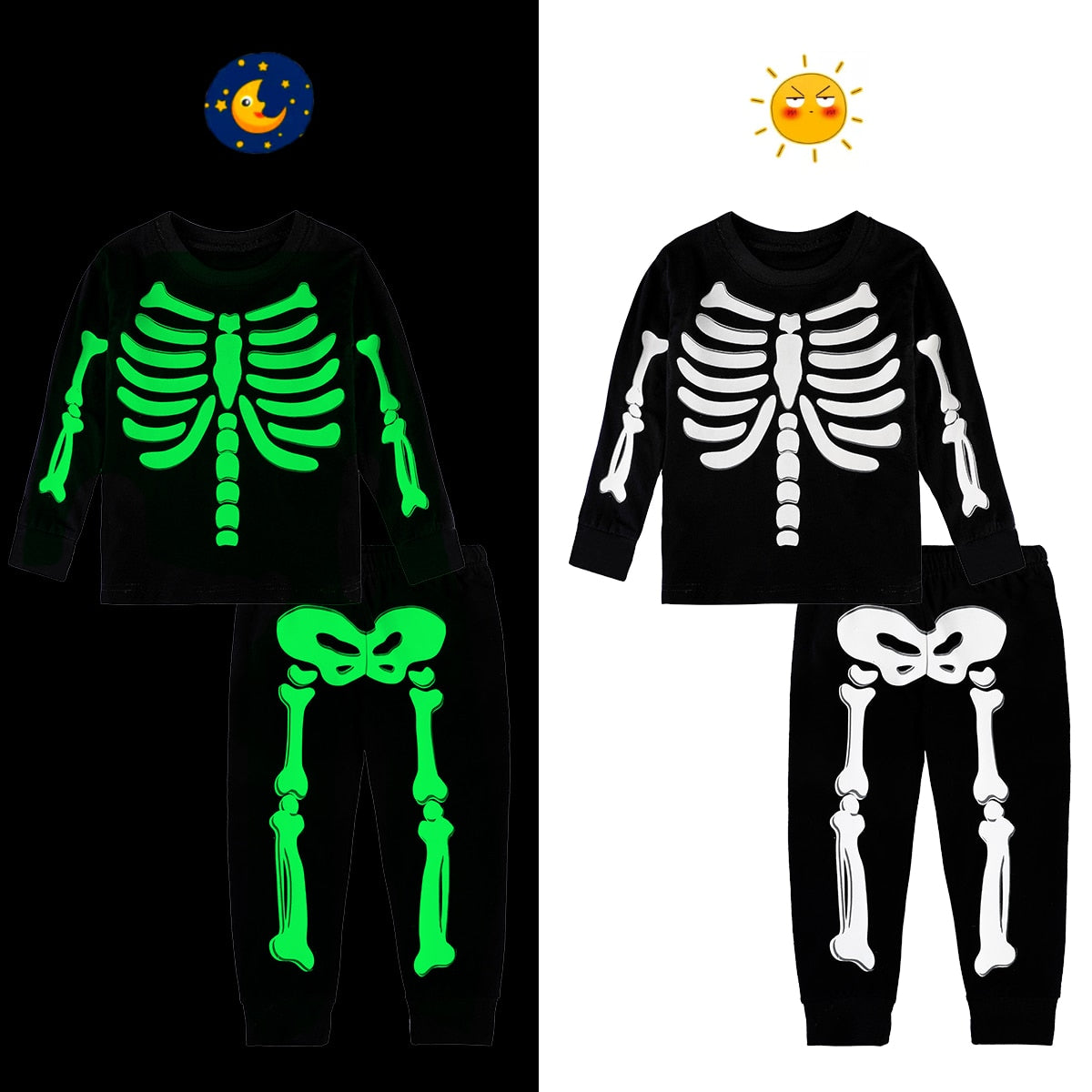 Kids Skeleton Pajamas Halloween Glow in the Dark - Set 2 PCS